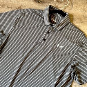 Under Armor Men’s L Polo Golf Collared Shirt Gray White Striped